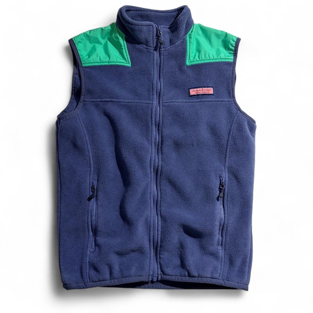 Vineyard Vines Womens Fleece Vest Navy Blue Green Shoulder Panel Full Zip Small